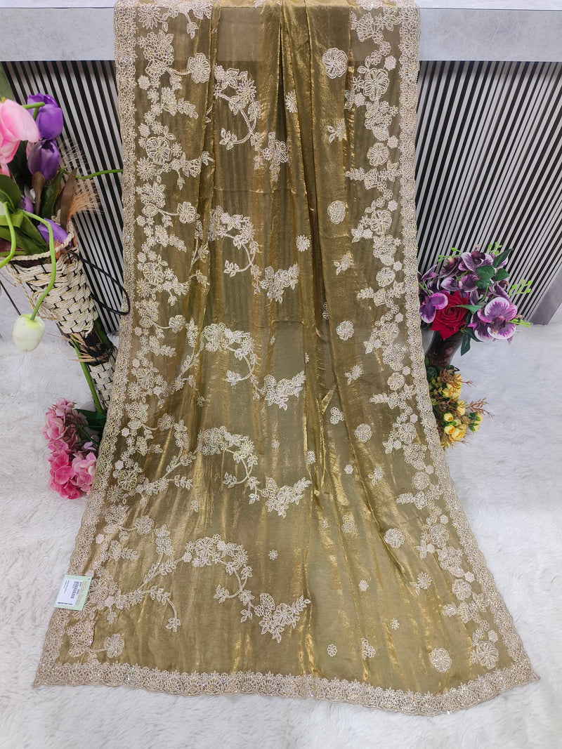 Shimmering Golden Bronze Embroidered Georgette Saree