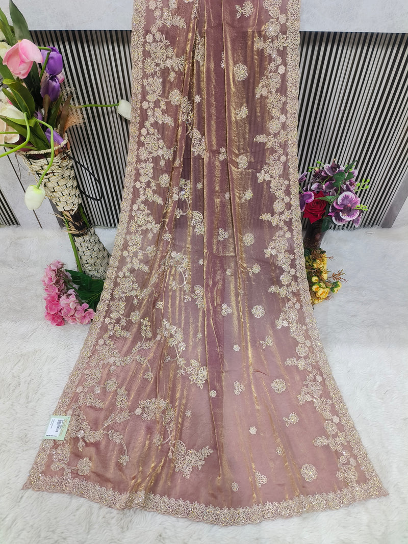 Shimmering Golden Bronze Embroidered Georgette Saree