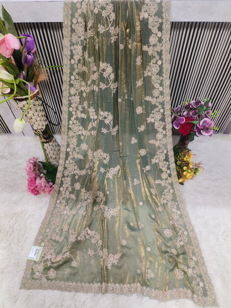 Shimmering Golden Bronze Embroidered Georgette Saree
