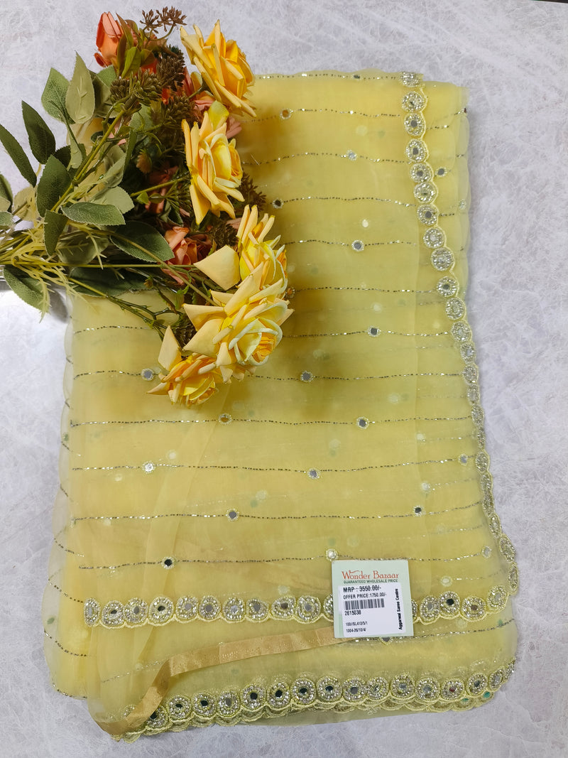 Elegant Sunshine Yellow Chiffon Saree with Mirror Work Border