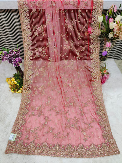 Crimson Red Embroidered Net Saree with Heavy Zari & Sequin Work