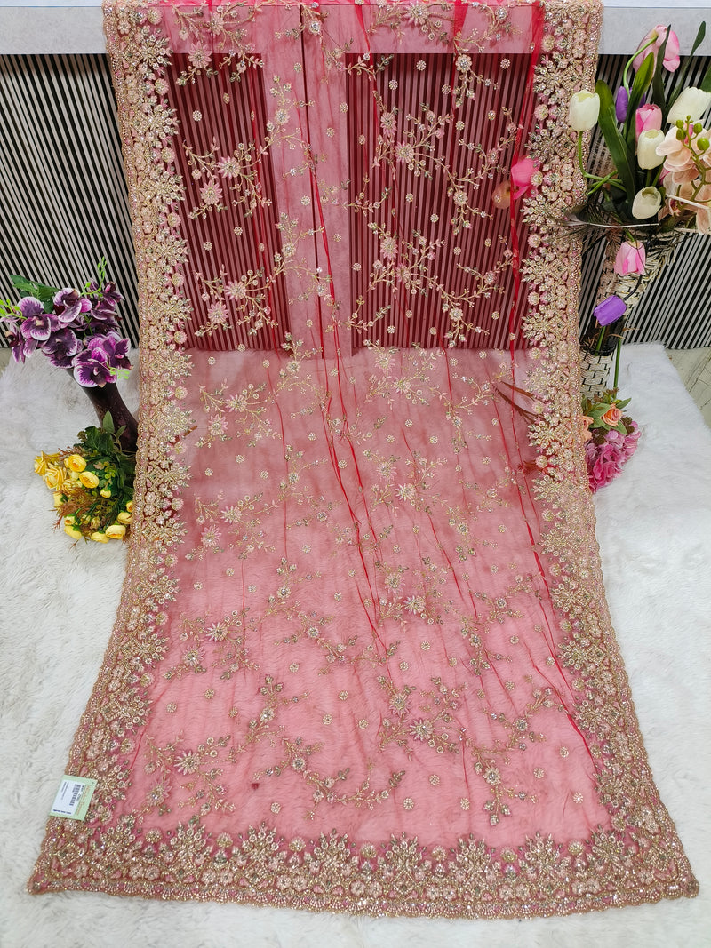 Crimson Red Embroidered Net Saree with Heavy Zari & Sequin Work