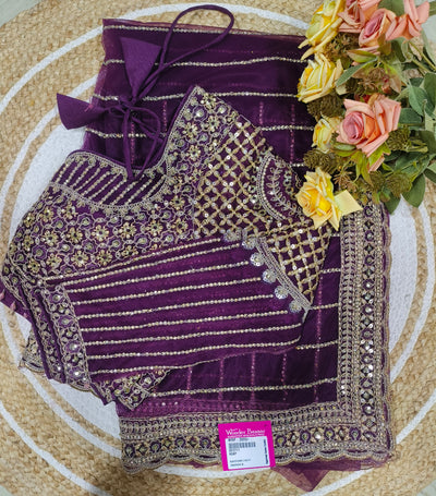 Regal Purple Embroidered Net Saree with Sequin & Zari Work