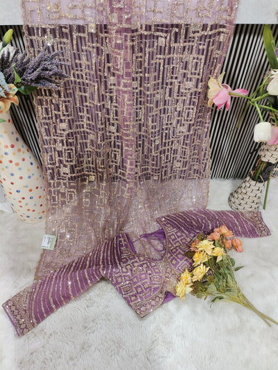 Glamorous Lavender Geometric Sequin Net Saree with Designer Blouse