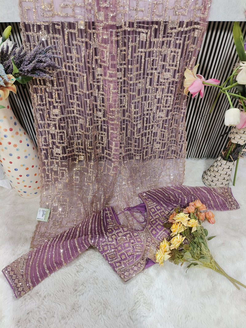 Glamorous Lavender Geometric Sequin Net Saree with Designer Blouse