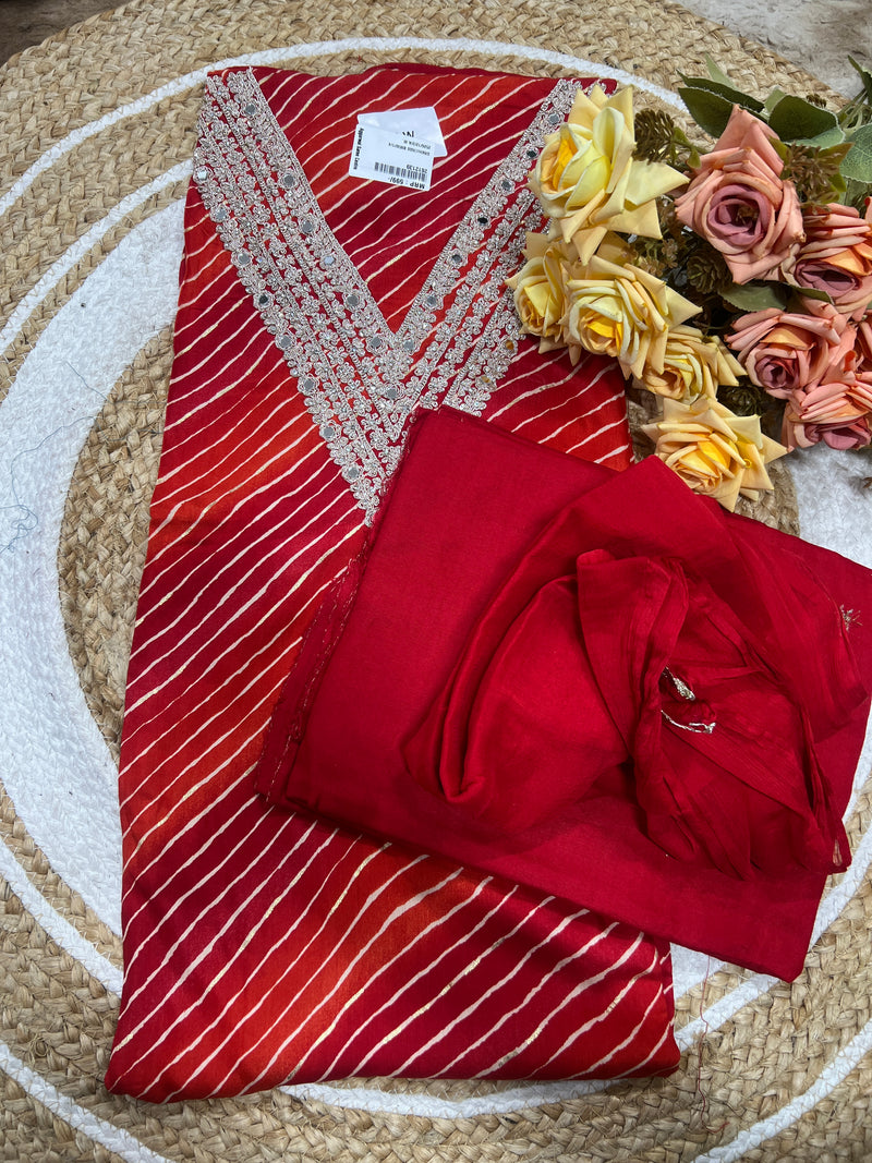 Stunning Red Leheriya Salwar Suit Material with Shimmering Mirror Work