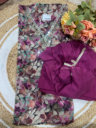 Elegant Mauve Floral Print Suit Material with Embellished Neckline