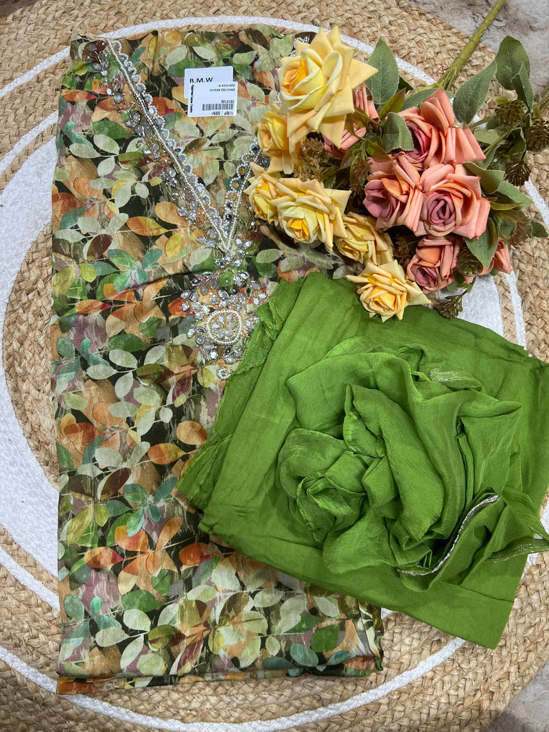 Elegant Mauve Floral Print Suit Material with Embellished Neckline