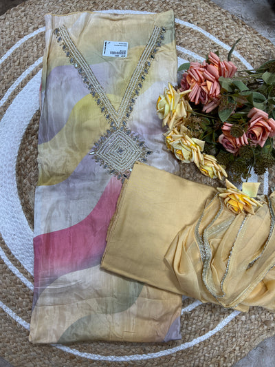 Chic Pastel Abstract Print Suit Material with Dazzling Mirror Work Yoke