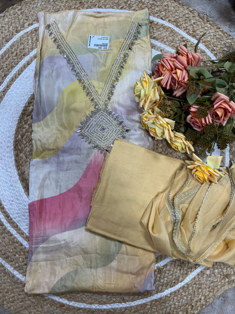 Chic Pastel Abstract Print Suit Material with Dazzling Mirror Work Yoke