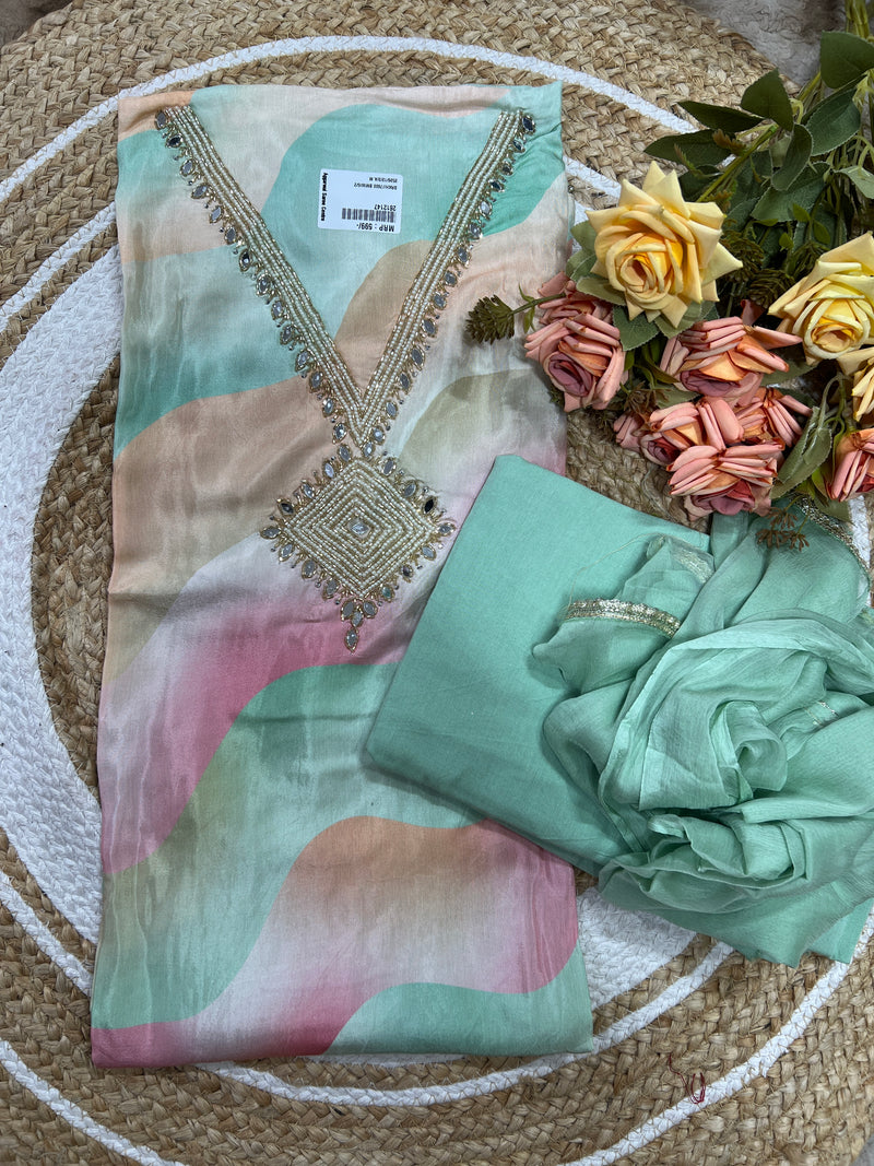 Chic Pastel Abstract Print Suit Material with Dazzling Mirror Work Yoke