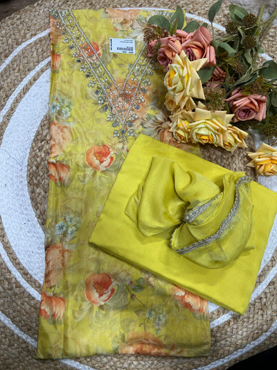 Radiant Yellow Floral Organza Suit Material with Pearl & Sequin Work