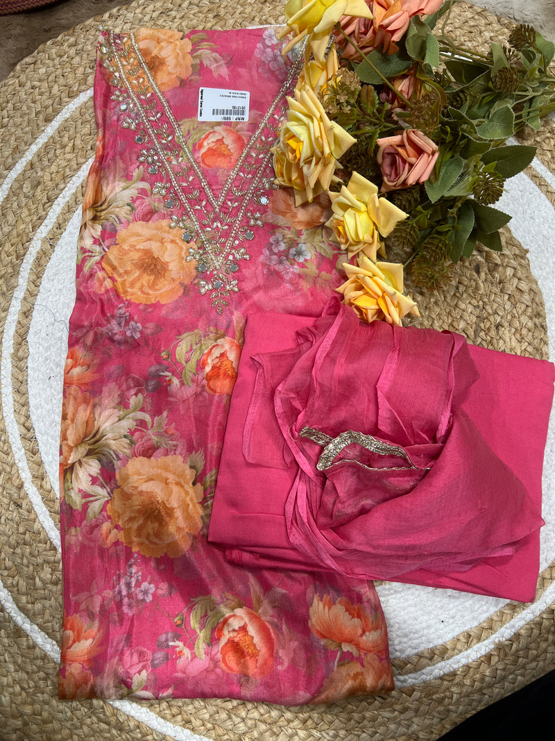 Radiant Yellow Floral Organza Suit Material with Pearl & Sequin Work