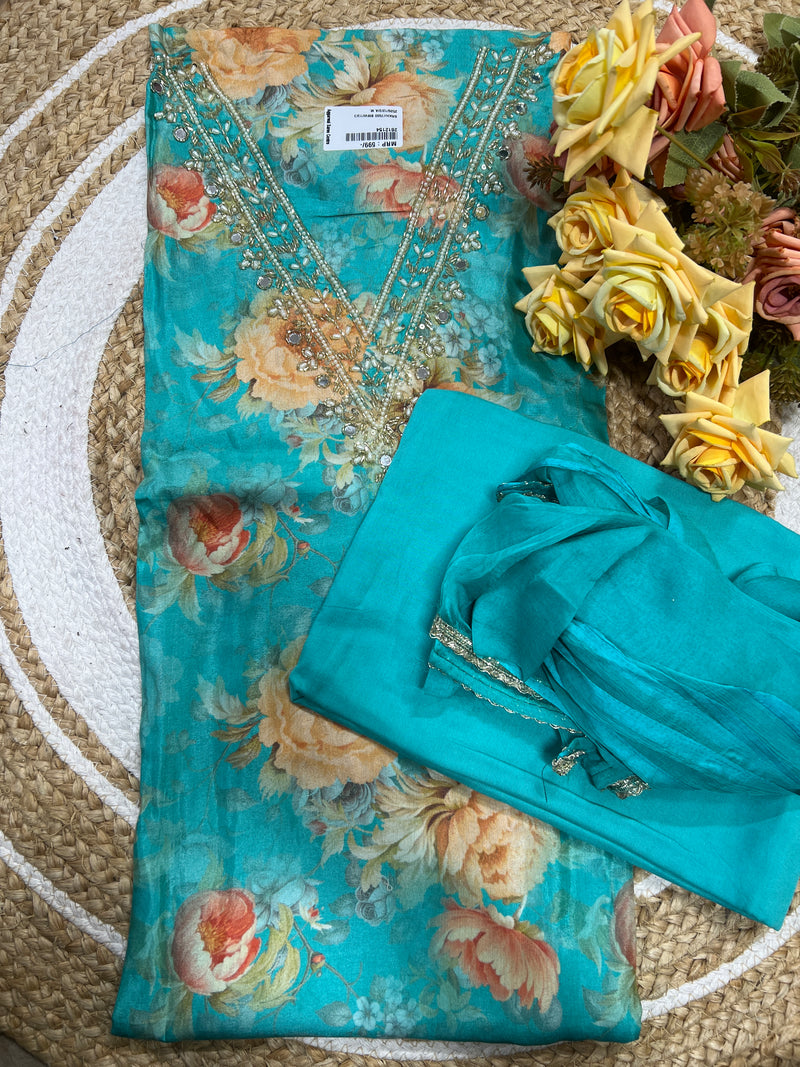 Radiant Yellow Floral Organza Suit Material with Pearl & Sequin Work