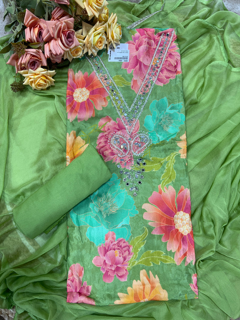 Vibrant Olive Green Floral Unstitched Salwar Suit with Mirror Embellishment