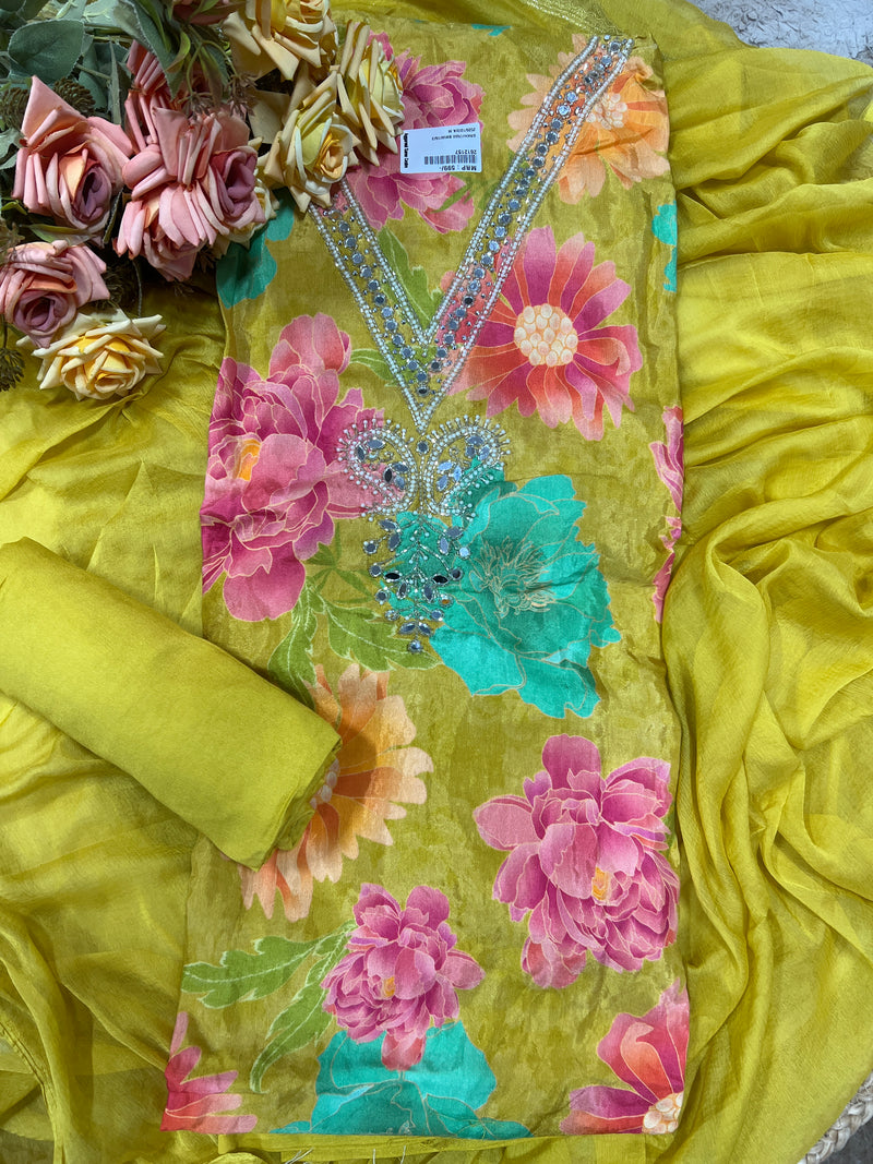 Vibrant Olive Green Floral Unstitched Salwar Suit with Mirror Embellishment