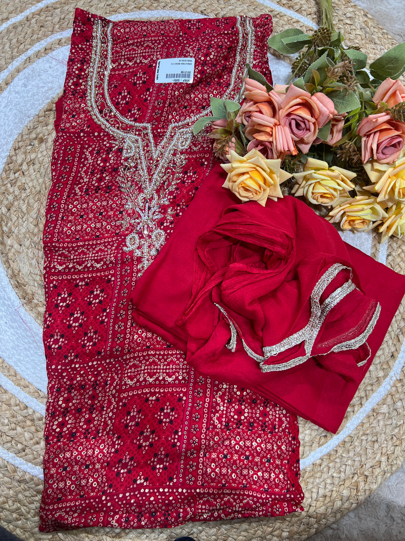 Exquisite Red Bandhani Unstitched Salwar Suit with Zari & Sequin Work