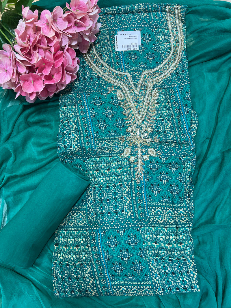 Exquisite Red Bandhani Unstitched Salwar Suit with Zari & Sequin Work