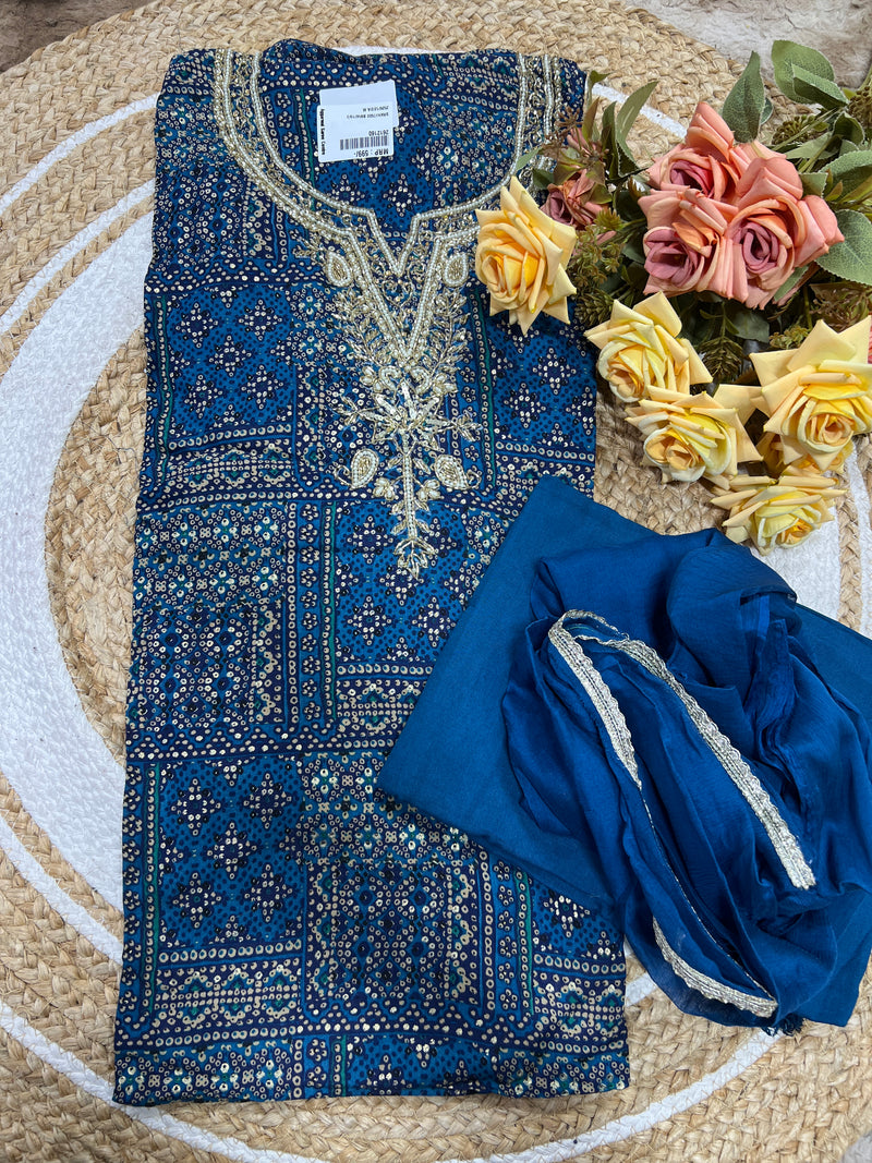 Exquisite Red Bandhani Unstitched Salwar Suit with Zari & Sequin Work