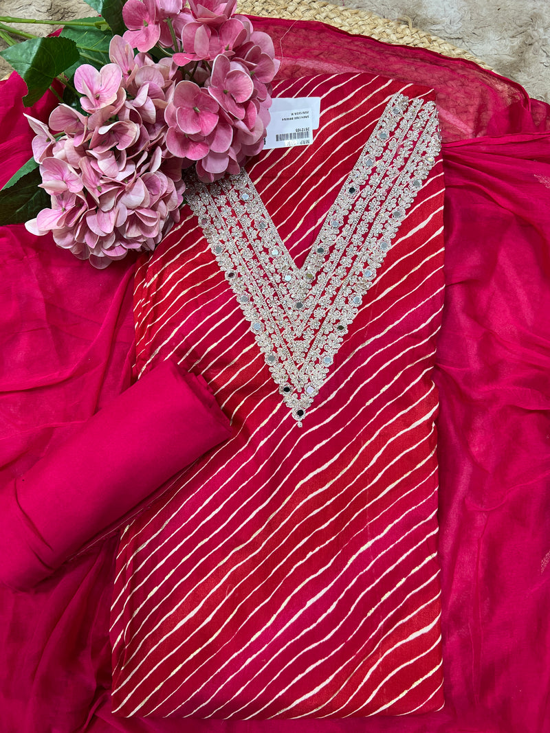 Stunning Red Leheriya Salwar Suit Material with Shimmering Mirror Work