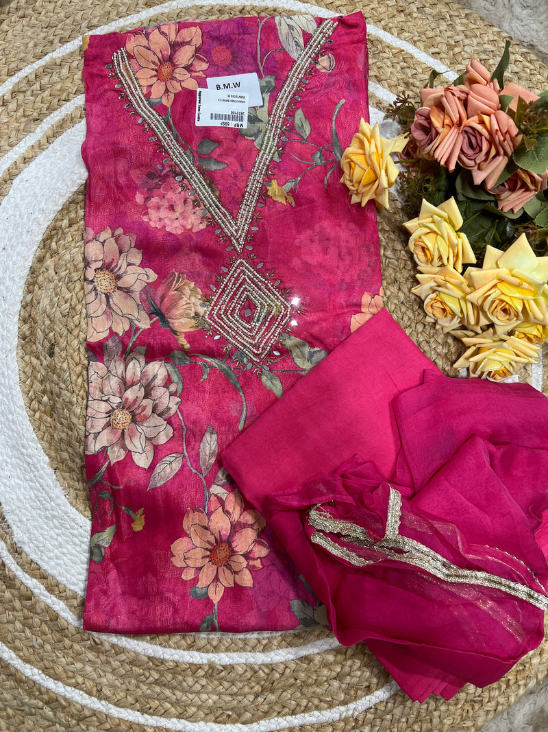 Fuchsia Floral Unstitched Suit Set with Embellished Neckline