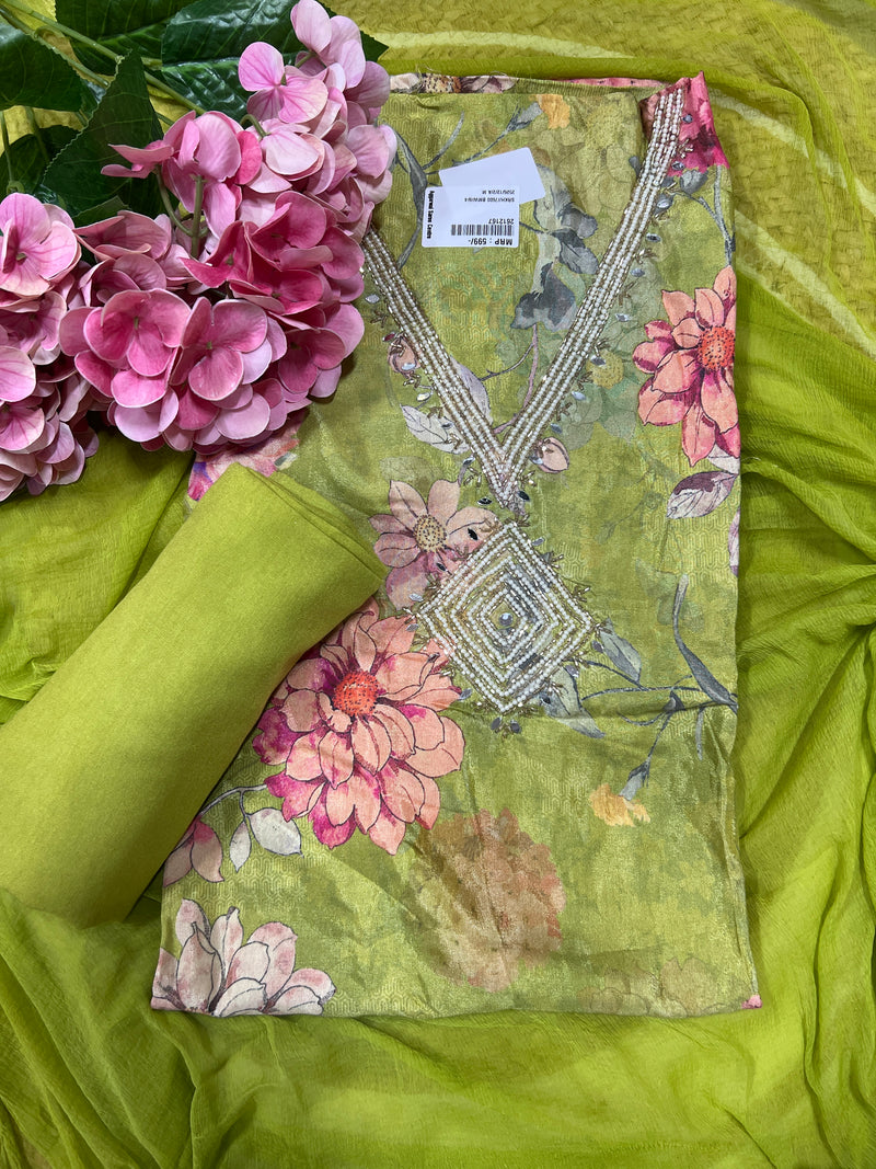 Fuchsia Floral Unstitched Suit Set with Embellished Neckline