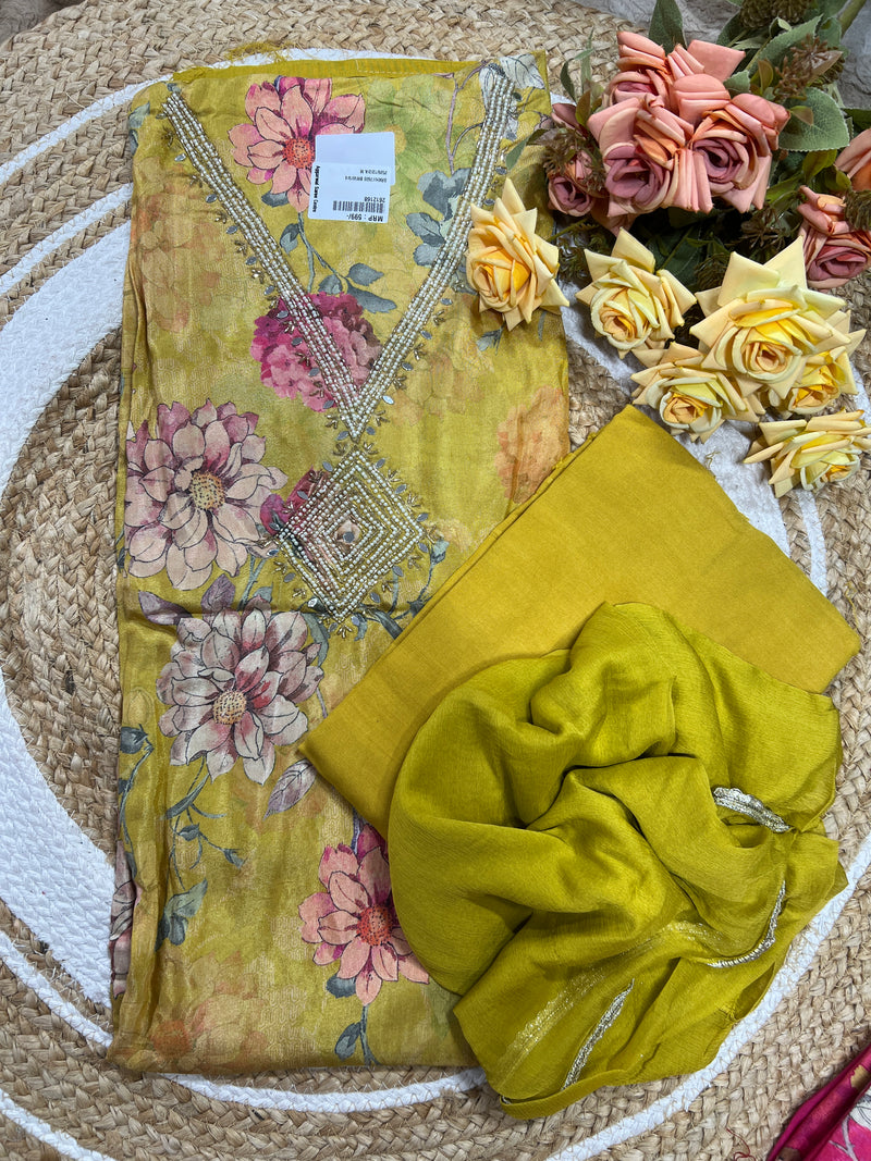 Fuchsia Floral Unstitched Suit Set with Embellished Neckline