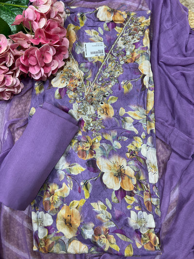 Lavender Floral Unstitched Suit Set with Heavy Pearl Work