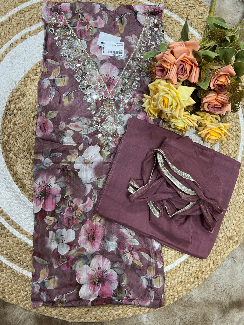 Lavender Floral Unstitched Suit Set with Heavy Pearl Work