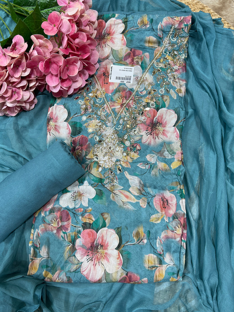 Lavender Floral Unstitched Suit Set with Heavy Pearl Work