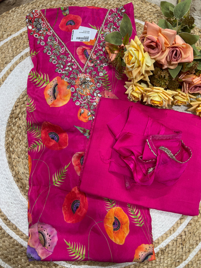 Hot Poppy Floral Unstitched Suit Set with Mirror Work