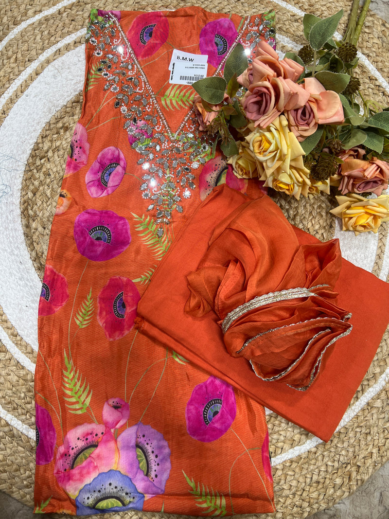 Hot Poppy Floral Unstitched Suit Set with Mirror Work