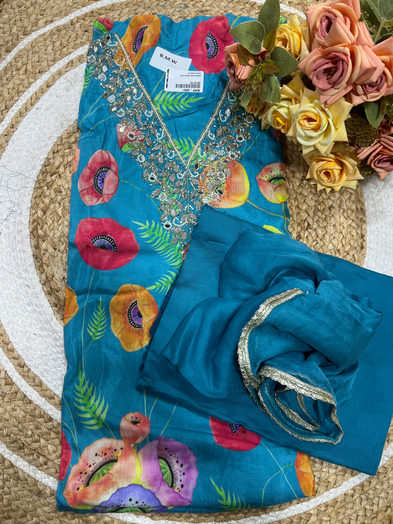 Hot Poppy Floral Unstitched Suit Set with Mirror Work