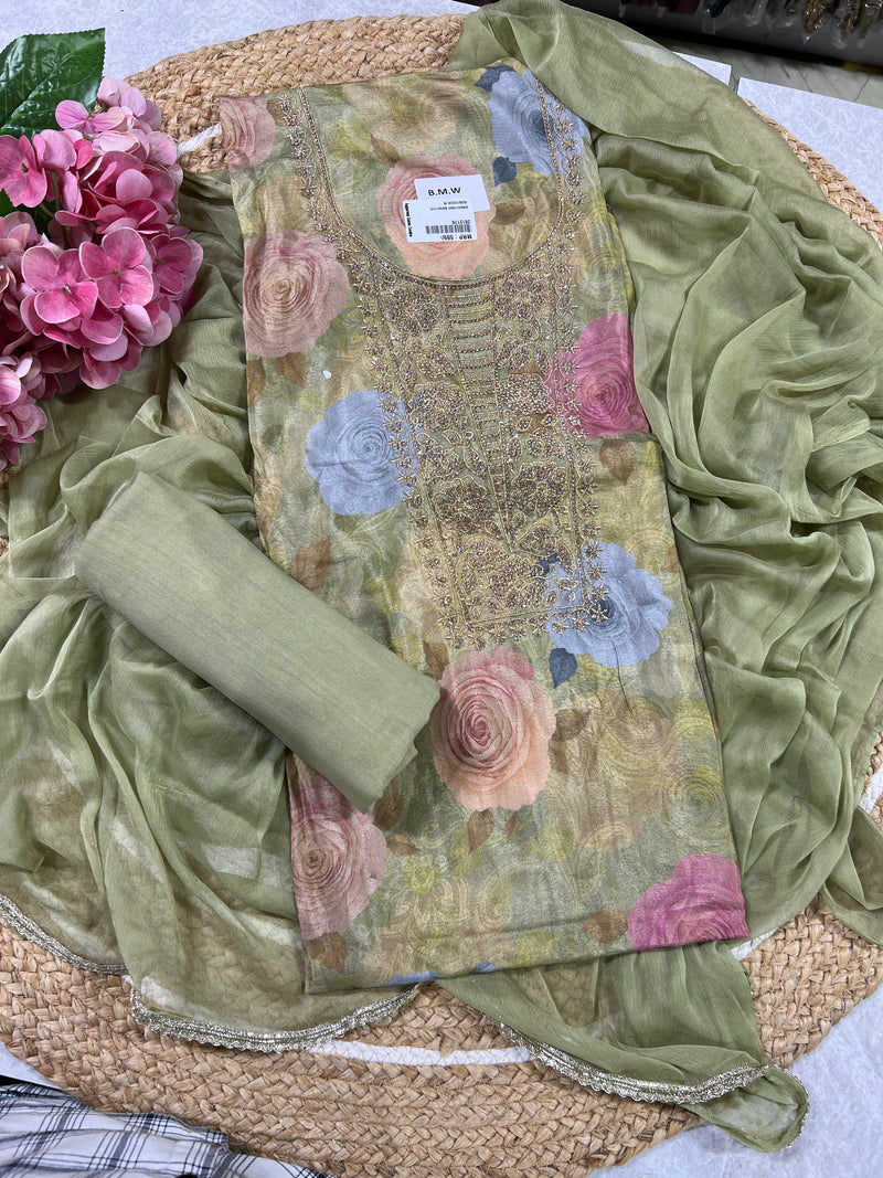 Elegant Pastel Floral Unstitched Salwar Suit with Zari Embroidery