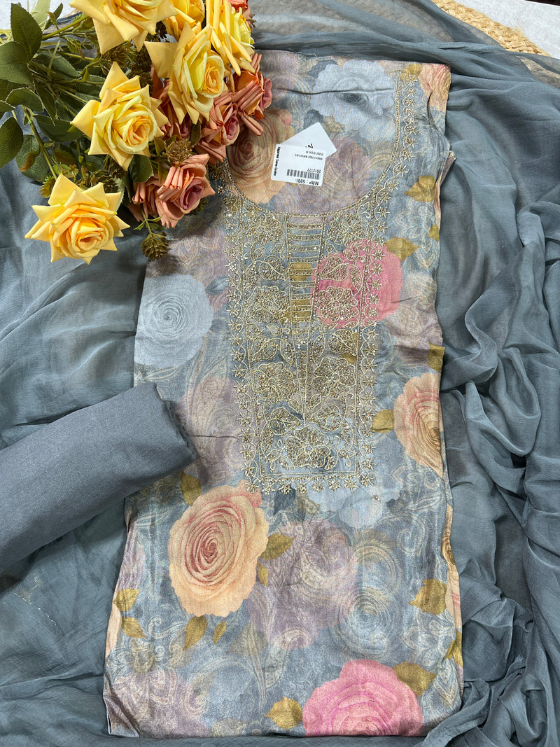 Elegant Pastel Floral Unstitched Salwar Suit with Zari Embroidery