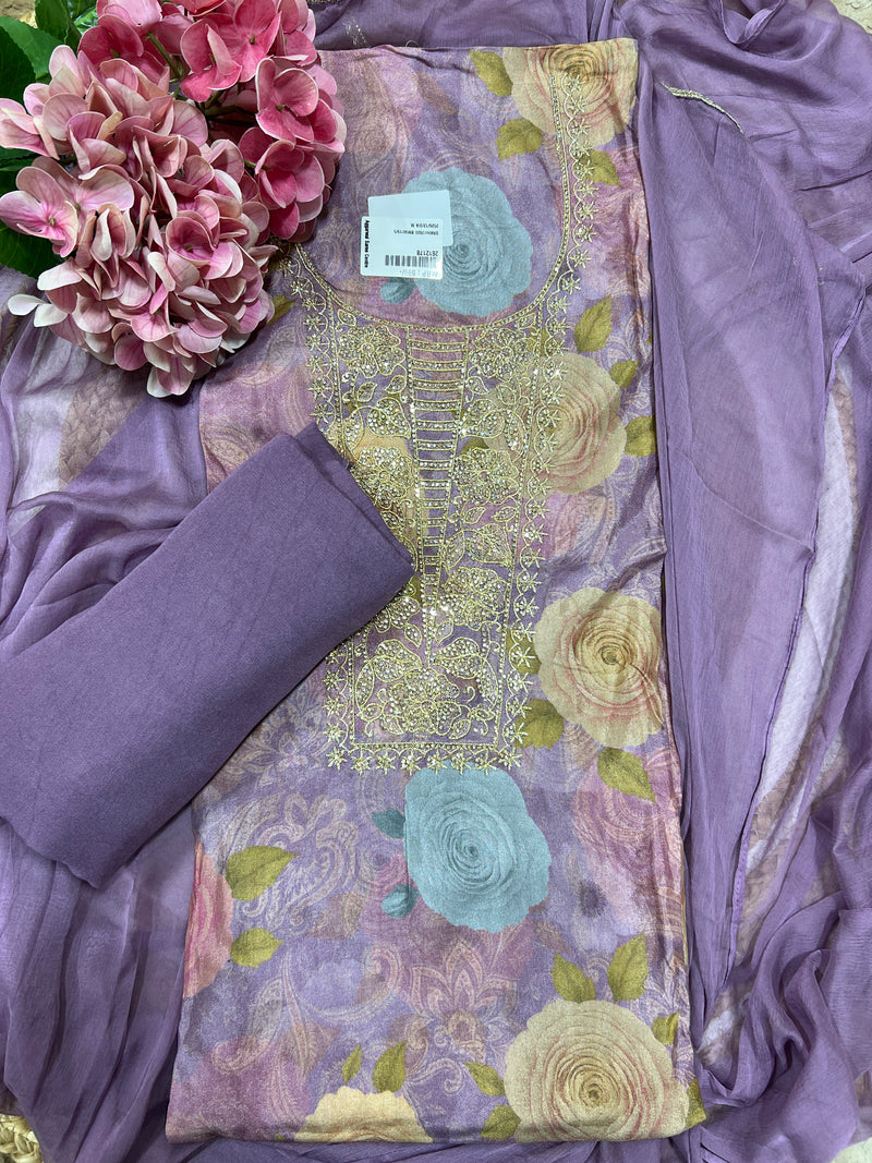 Elegant Pastel Floral Unstitched Salwar Suit with Zari Embroidery