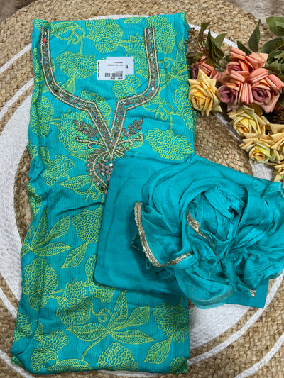 Fresh Teal  Abstract Print Unstitched Salwar Suit with Embellishments