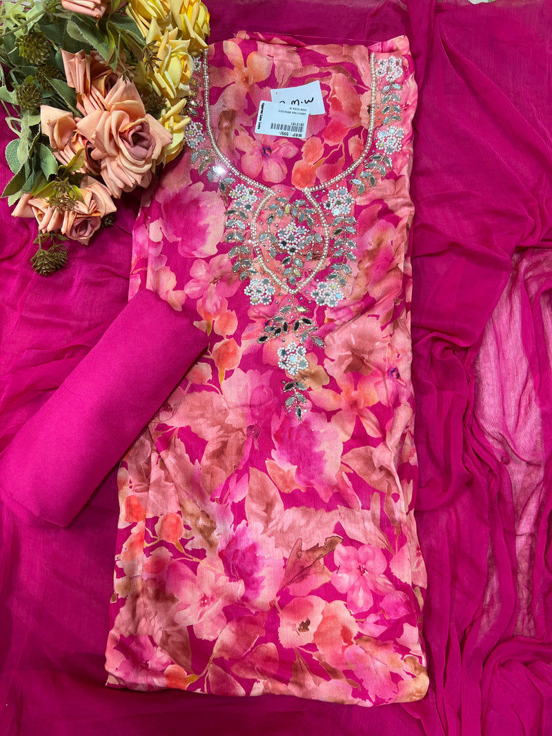 Fuchsia Romantic Floral Unstitched Salwar Suit with Sequin Accents
