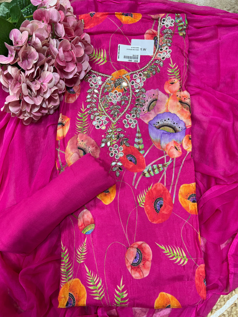 Dazzling Hot Poppy Floral Unstitched Salwar Suit with Sequin Embroidery