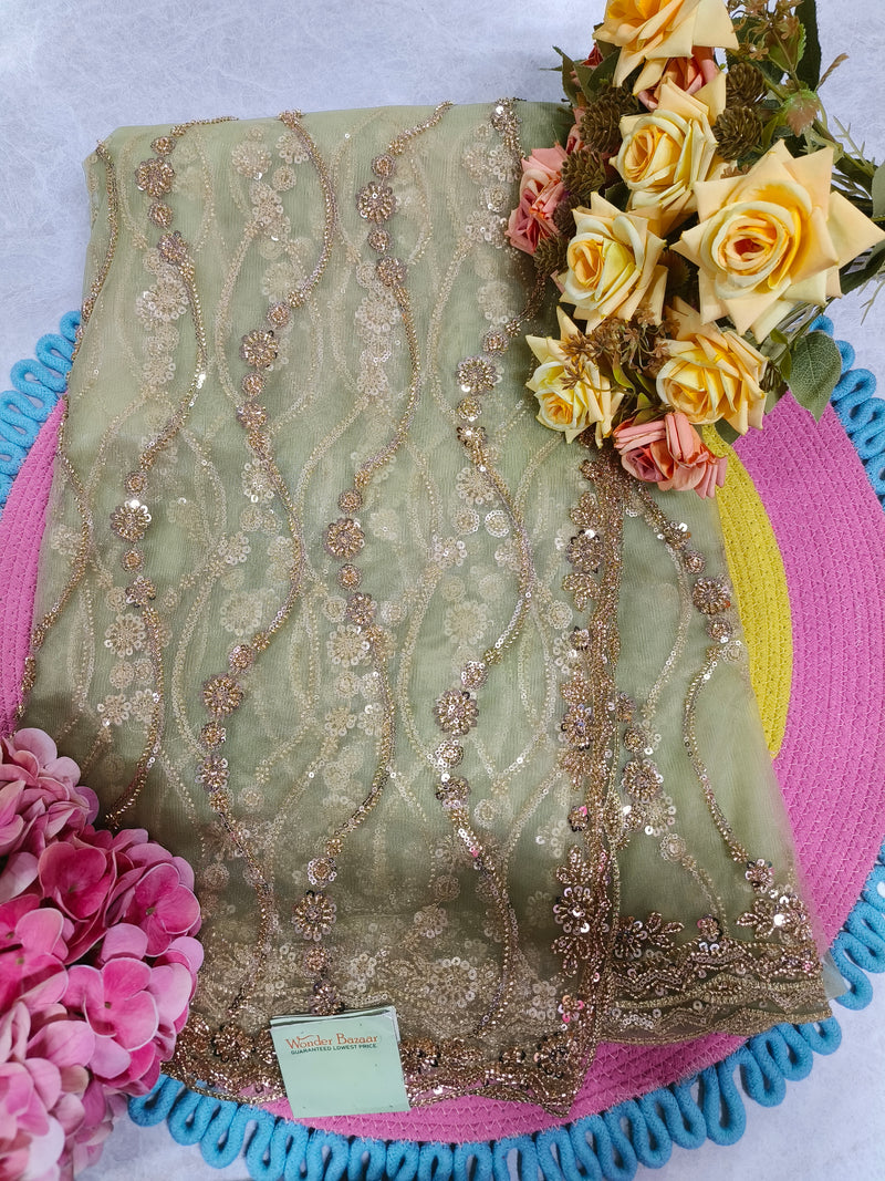 Enchanting Sage Green Net Saree with Sequin & Zari Work