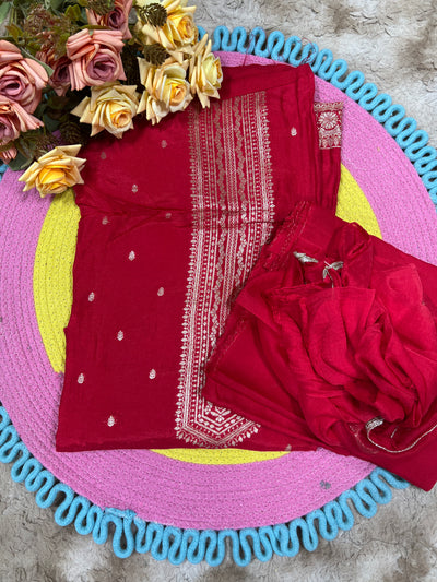 Vibrant Red Art Silk Unstitched Salwar Suit with Zari Weave & Dupatta