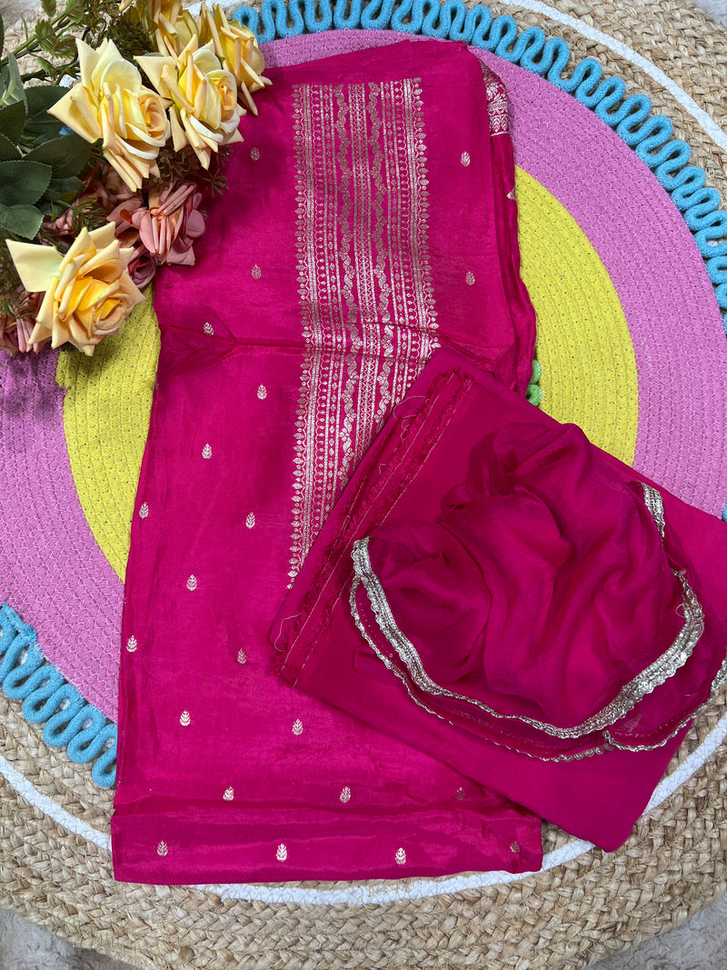 Vibrant Red Art Silk Unstitched Salwar Suit with Zari Weave & Dupatta