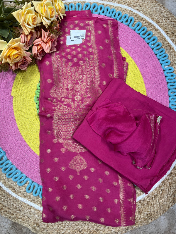 Bold Fuschia Pink Art Silk Unstitched Dress Material with Zari Weave