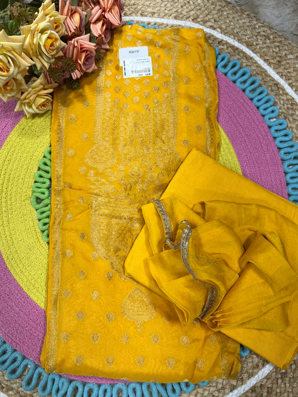 Bold Fuschia Pink Art Silk Unstitched Dress Material with Zari Weave