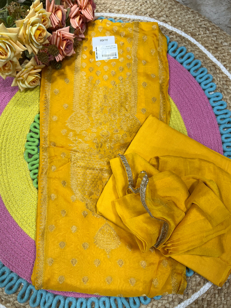 Bold Fuschia Pink Art Silk Unstitched Dress Material with Zari Weave