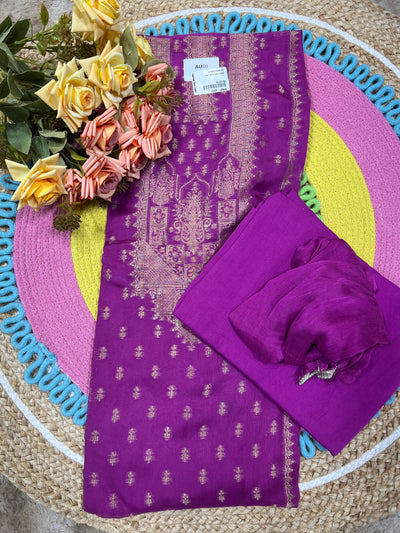 Exquisite Royal Purple Art Silk Unstitched Salwar Suit with Golden Zari