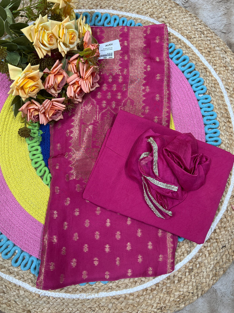 Exquisite Royal Purple Art Silk Unstitched Salwar Suit with Golden Zari