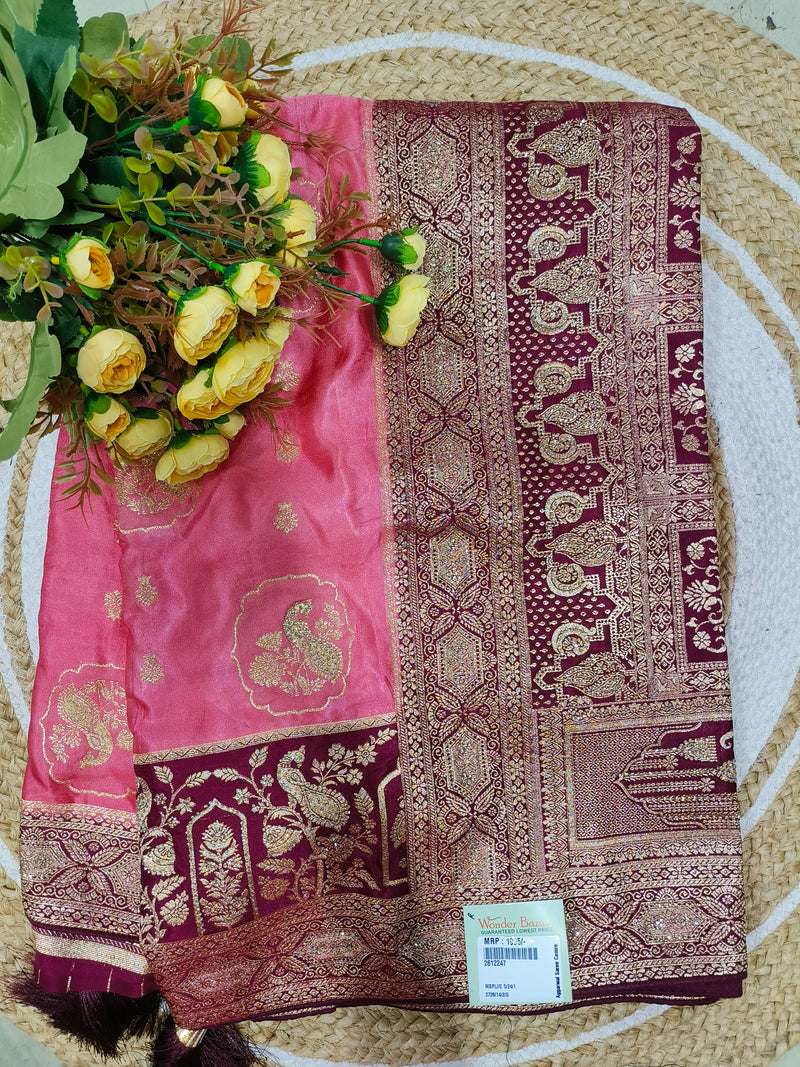 Luxurious Pink & Maroon Banarasi Style Fancy Saree with Zari Weave