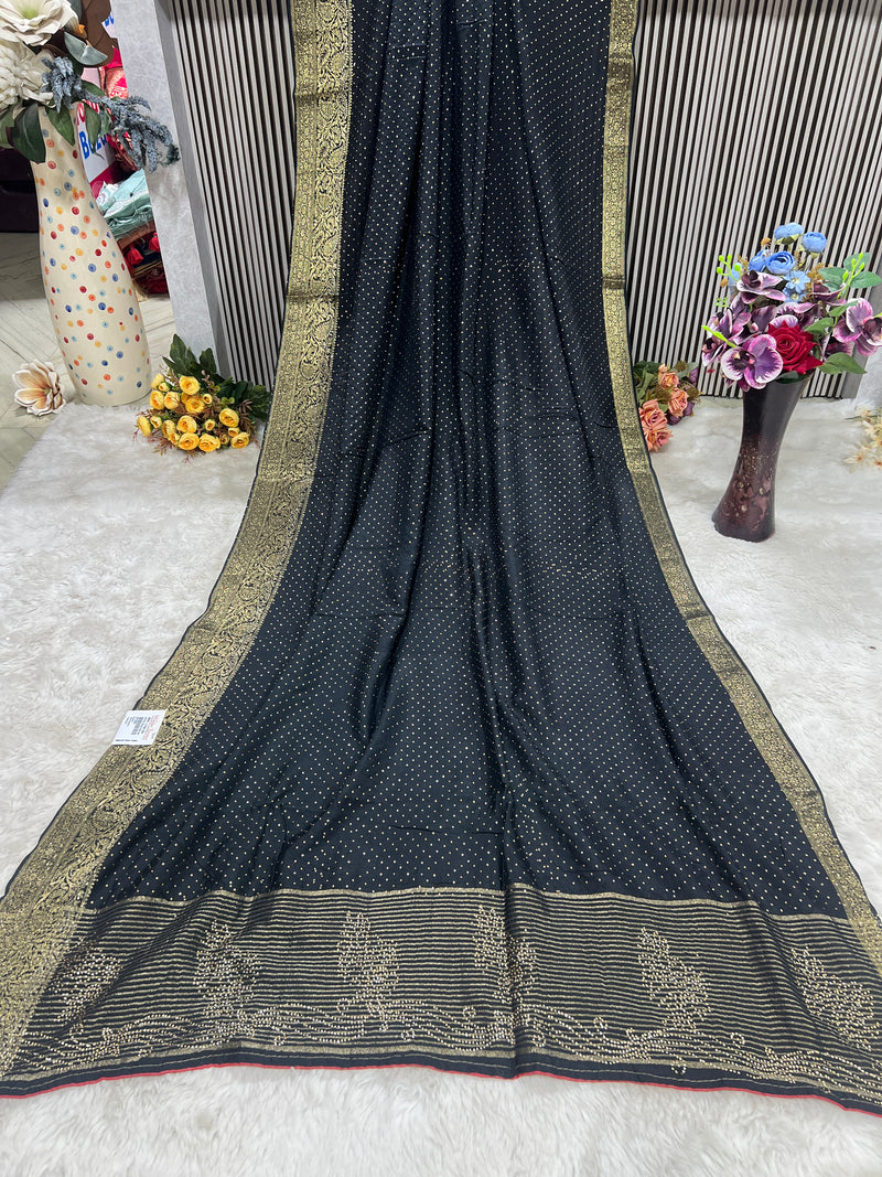 Elegant Black Georgette Saree with Golden Zari Buti & Border