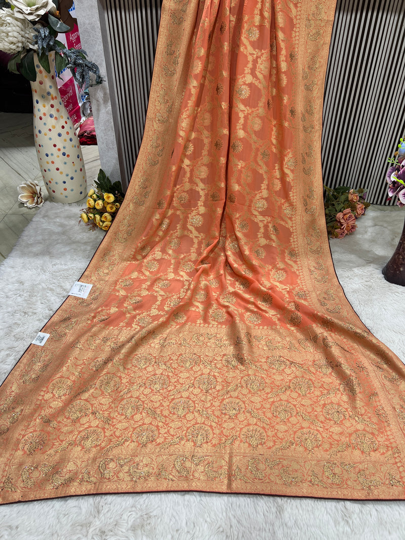 Gorgeous Peach Art Silk Saree with All-Over Golden Zari Weave